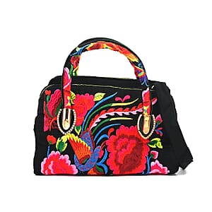 Pink Floral Embroidered Handbag with Shoulder Strap