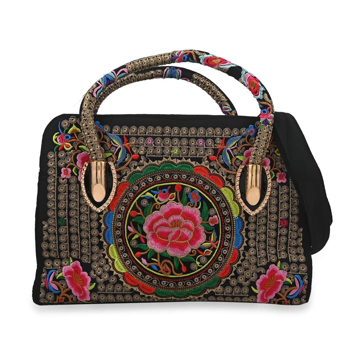 Multi Color Floral Embroidered Handbag with Shoulder Strap image number 0