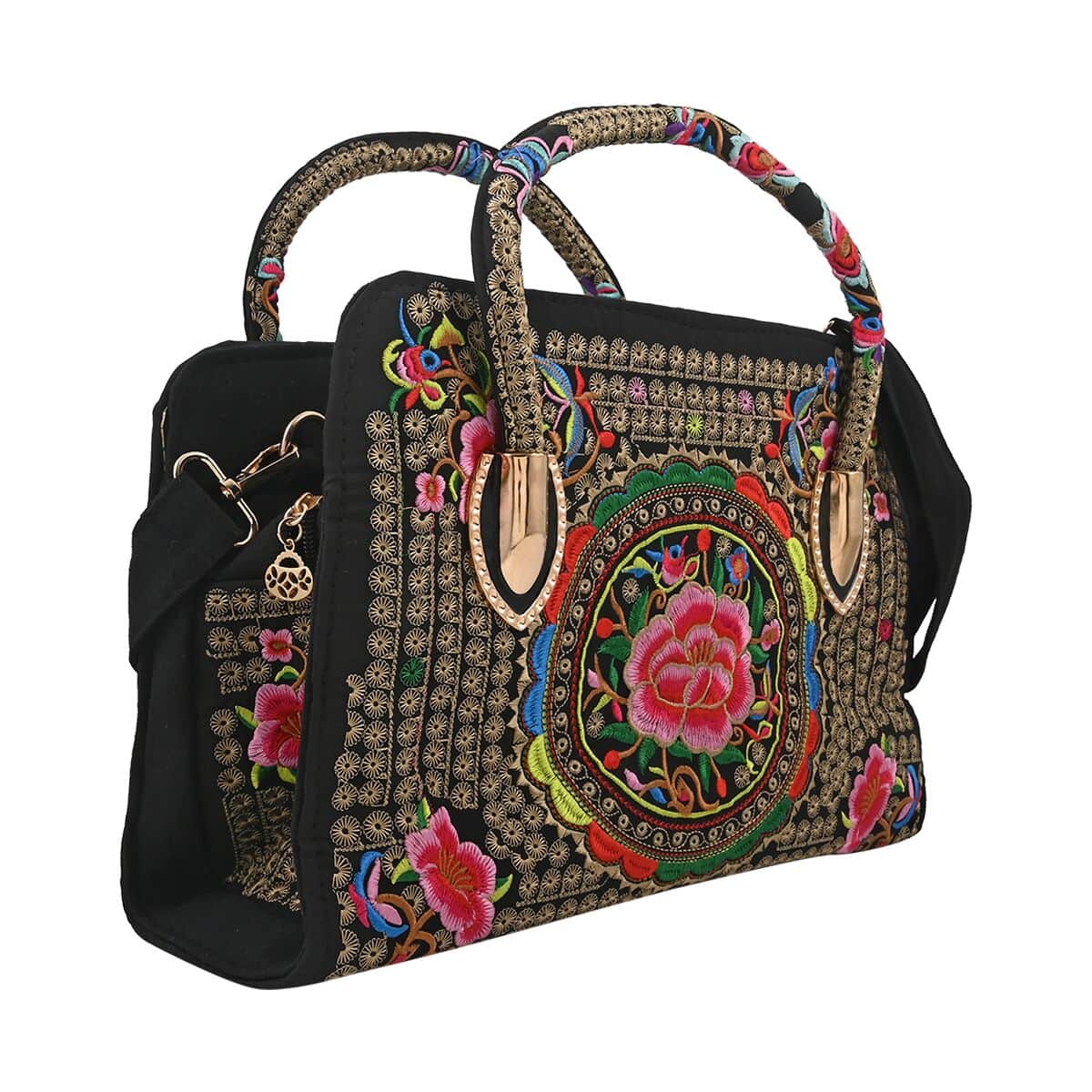 Multi Color Floral Embroidered Handbag with Shoulder Strap image number 1
