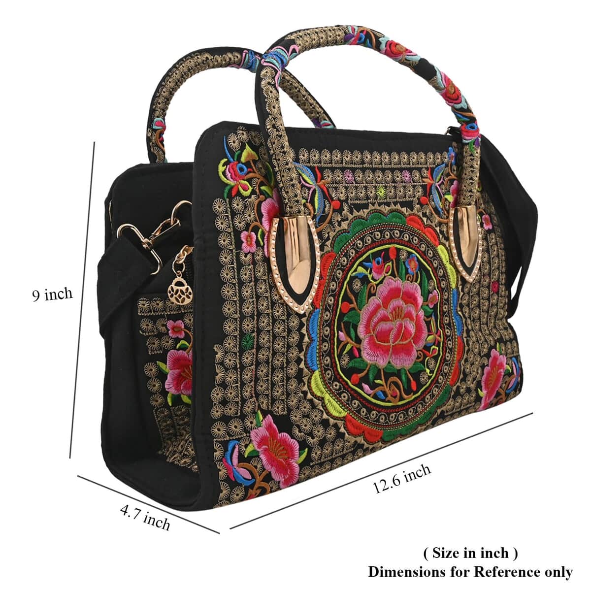 Multi Color Floral Embroidered Handbag with Shoulder Strap image number 6