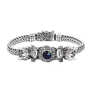 Bali Legacy Blue Star Sapphire (DF) and Mozambique Garnet Pixiu Bracelet in Sterling Silver (8.00 In) 3.30 ctw