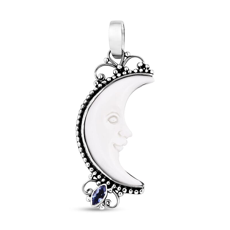 Bali Goddess Carved Bone and Tanzanite 0.25 ctw Pendant without Chain in Sterling Silver 