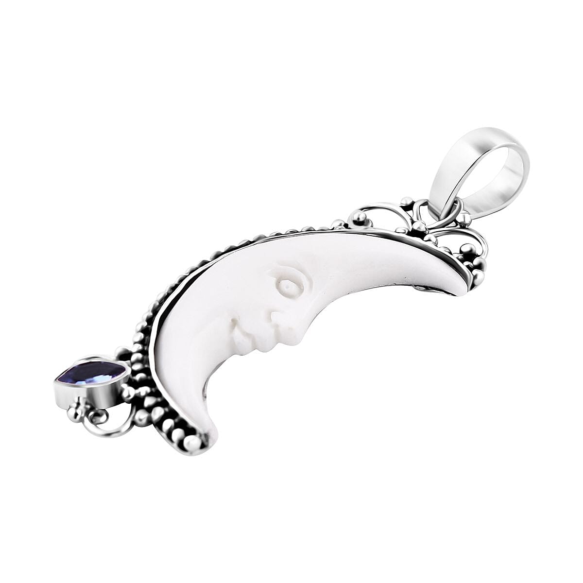 Bali Goddess Carved Bone and Tanzanite 0.25 ctw Pendant without Chain in Sterling Silver 