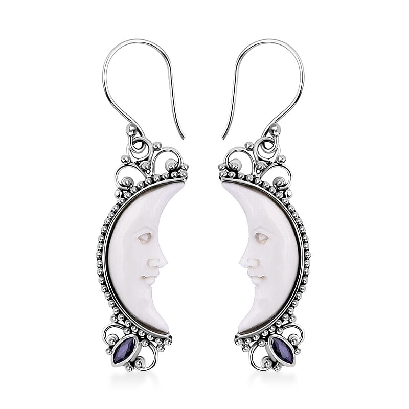 Bali Goddess Carved Bone and Tanzanite 0.30 ctw Earring in Sterling Silver 