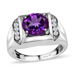 African Amethyst and White Zircon Men's Ring in Platinum Over Sterling Silver (Size 10.0) 3.50 ctw