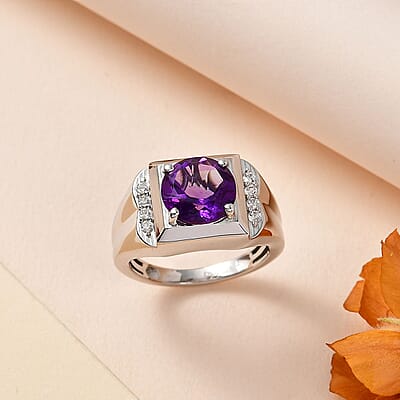 D'Joy African Amethyst and White Zircon Men's Ring in Platinum Over Sterling Silver (Size 10.0) 3.50 ctw
