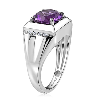 D'Joy African Amethyst and White Zircon Men's Ring in Platinum Over Sterling Silver (Size 10.0) 3.50 ctw