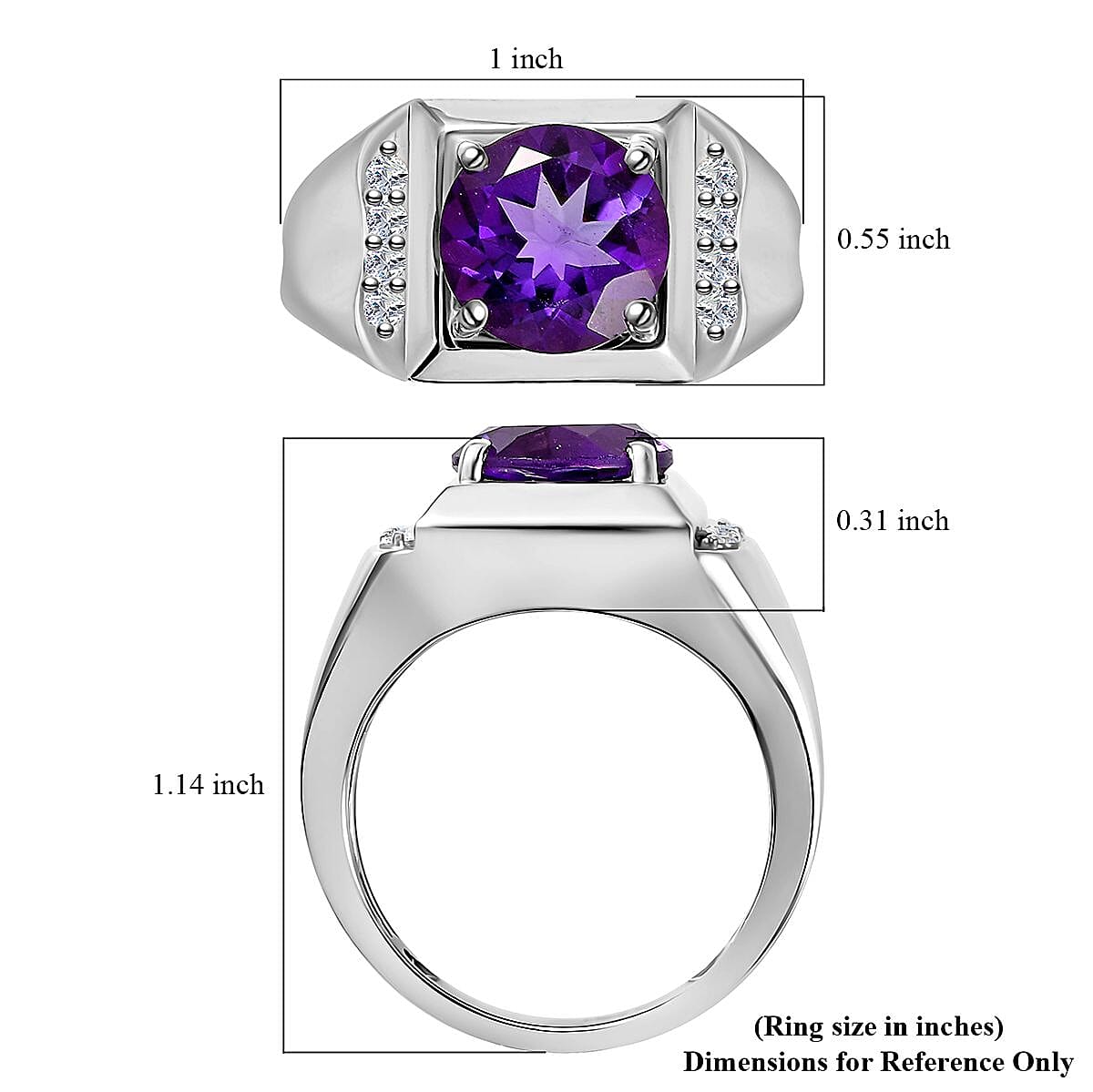 D'Joy African Amethyst and White Zircon Men's Ring in Platinum Over Sterling Silver (Size 10.0) 3.50 ctw