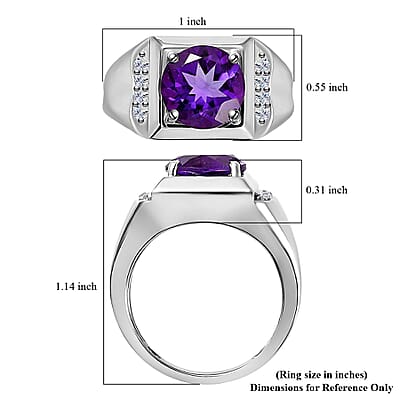 D'Joy African Amethyst and White Zircon Men's Ring in Platinum Over Sterling Silver (Size 10.0) 3.50 ctw