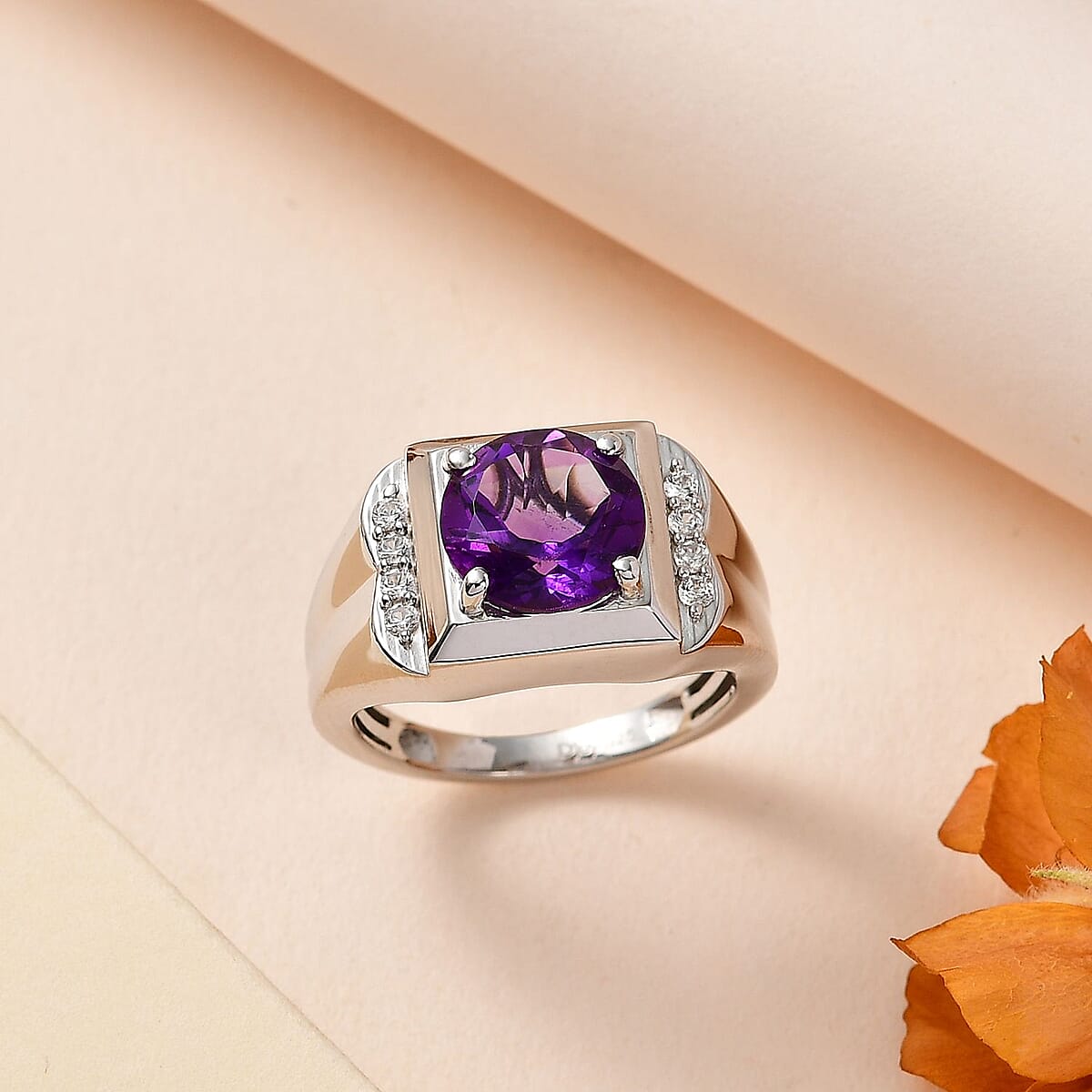 African Amethyst and White Zircon Men's Ring in Platinum Over Sterling Silver (Size 11.0) 3.50 ctw image number 1