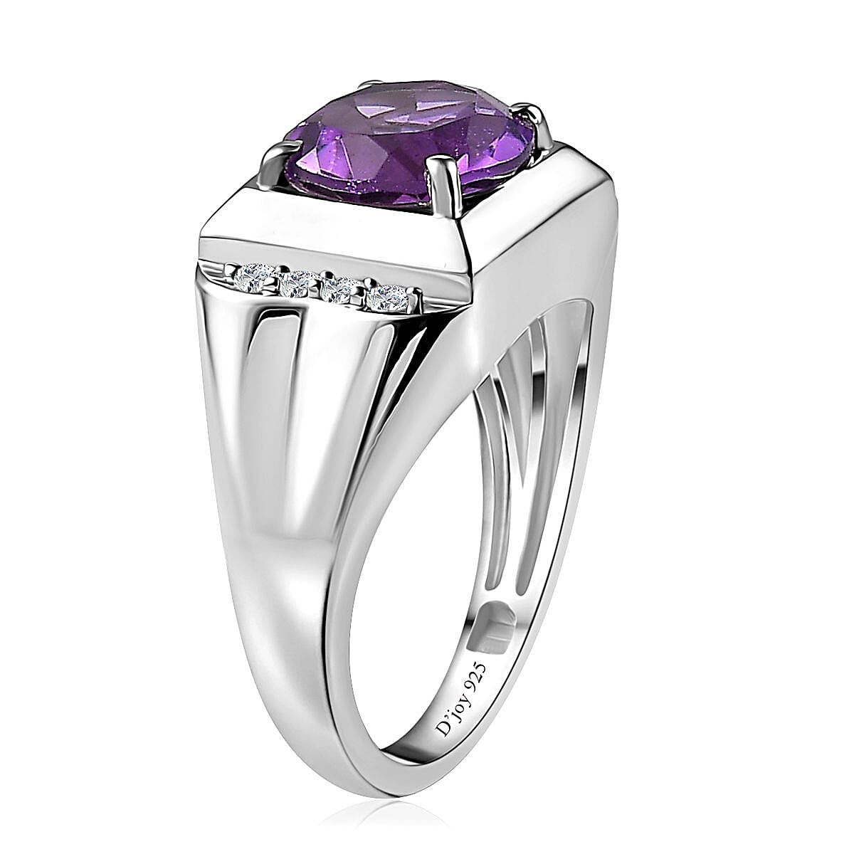 African Amethyst and White Zircon Men's Ring in Platinum Over Sterling Silver (Size 11.0) 3.50 ctw image number 3