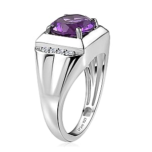 African Amethyst and White Zircon Men's Ring in Platinum Over Sterling Silver (Size 11.0) 3.50 ctw