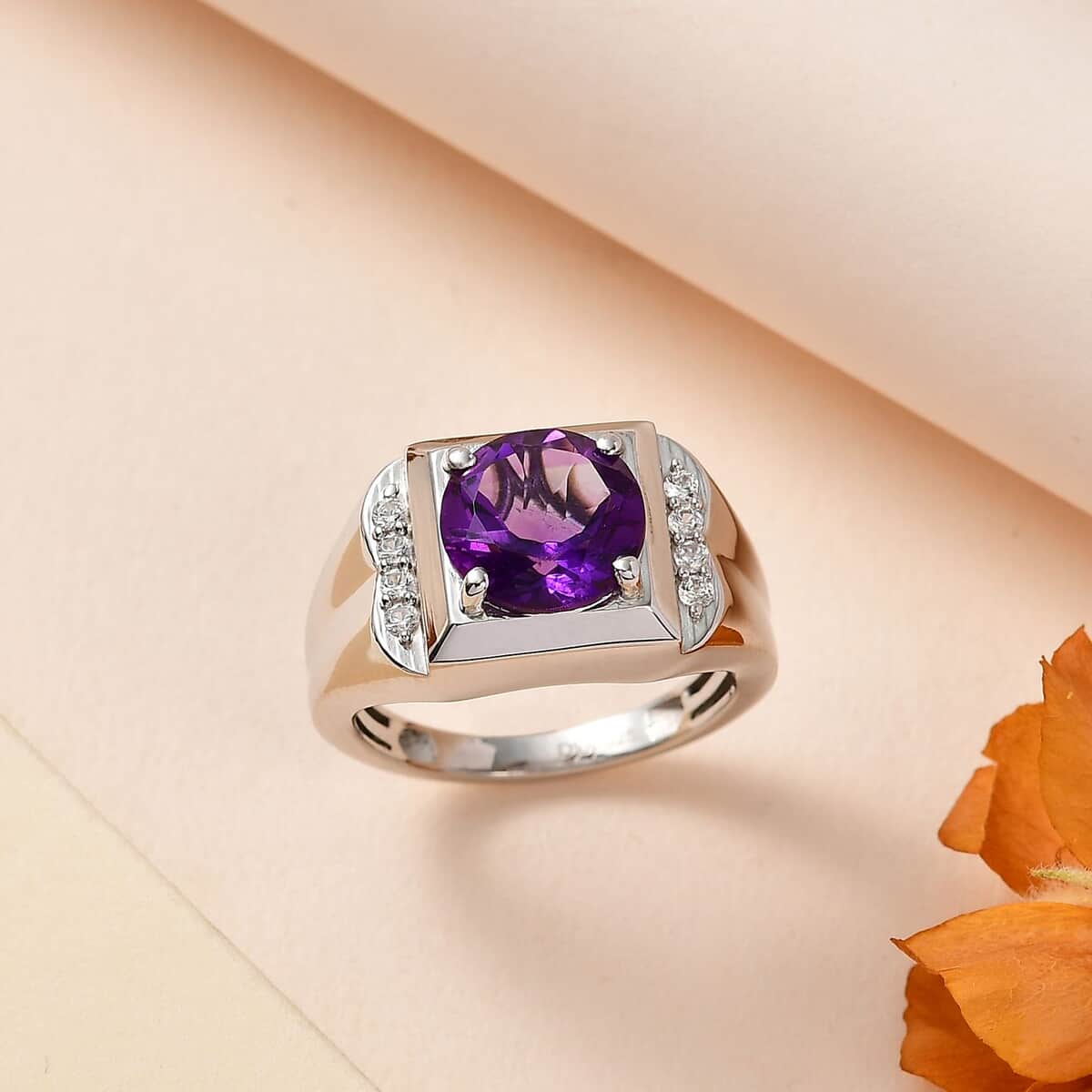 African Amethyst and White Zircon Men's Ring in Platinum Over Sterling Silver (Size 12.0) 3.50 ctw image number 1