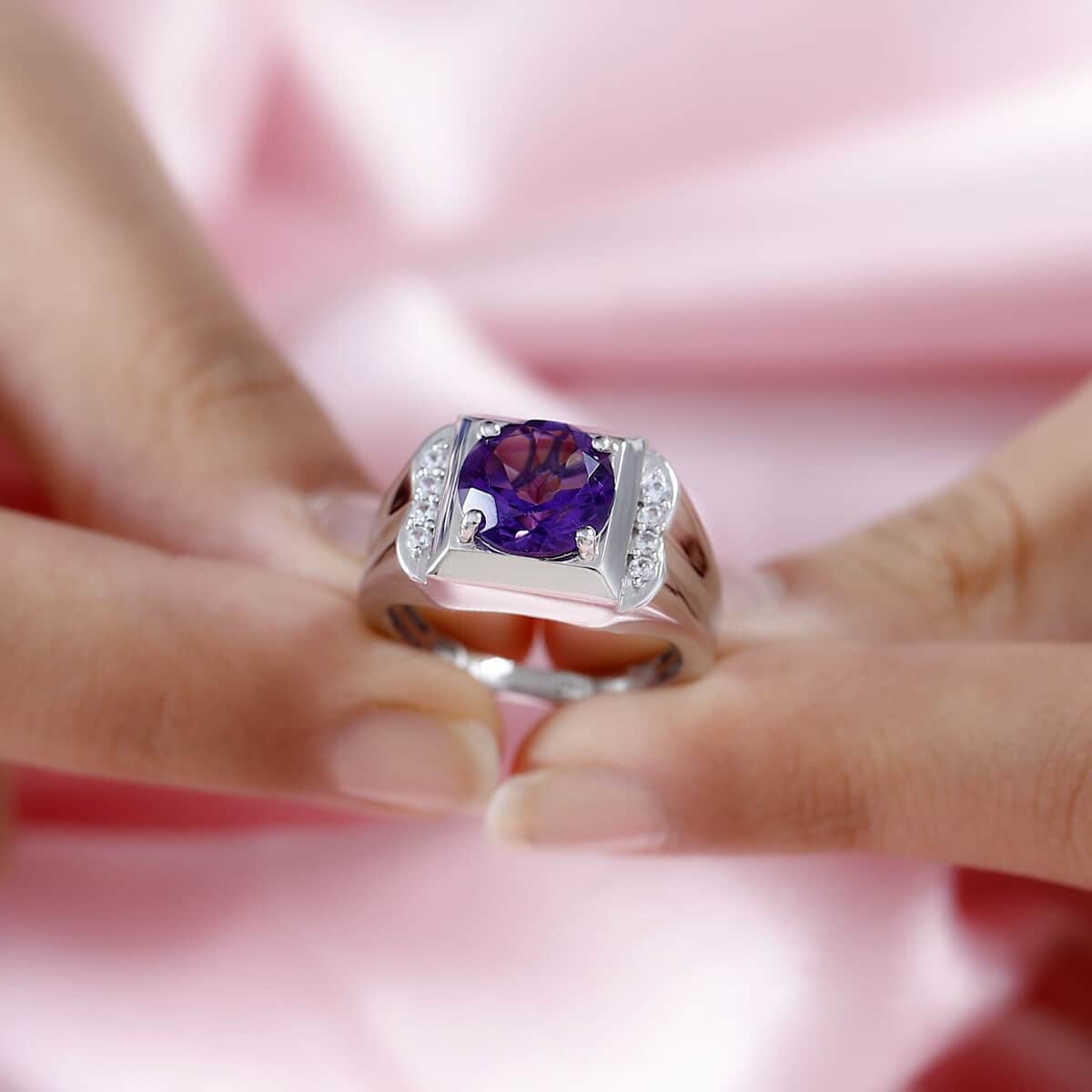 African Amethyst and White Zircon Men's Ring in Platinum Over Sterling Silver (Size 12.0) 3.50 ctw image number 2