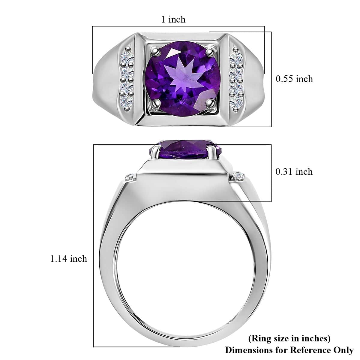 African Amethyst and White Zircon Men's Ring in Platinum Over Sterling Silver (Size 12.0) 3.50 ctw image number 5