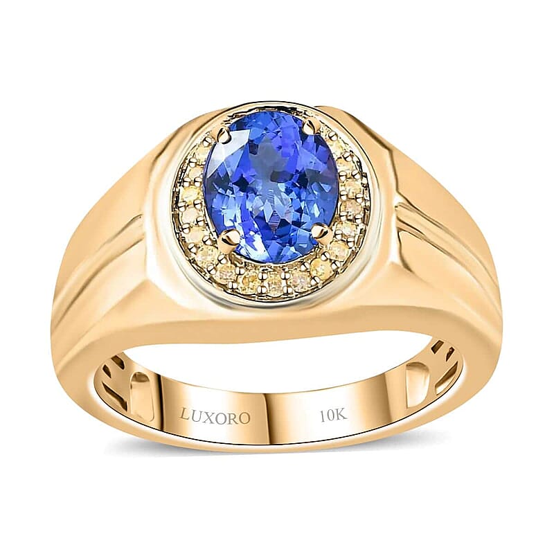Luxoro 10K Yellow Gold AAA Tanzanite and Natural Yellow Diamond I3 Men's Ring (Size 10.0) 6.15 Grams 2.25 ctw