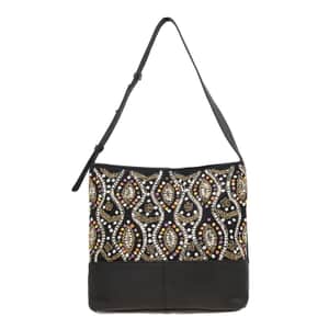 Black Genuine Leather Embellished Hobo Shoulder Bag