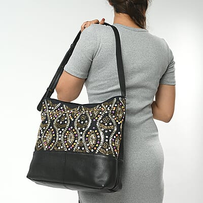 Black Genuine Leather Embellished Hobo Shoulder Bag