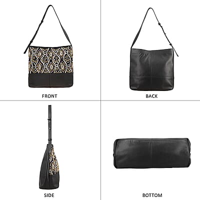 Black Genuine Leather Embellished Hobo Shoulder Bag