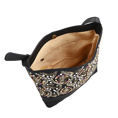 Black Genuine Leather Embellished Hobo Shoulder Bag