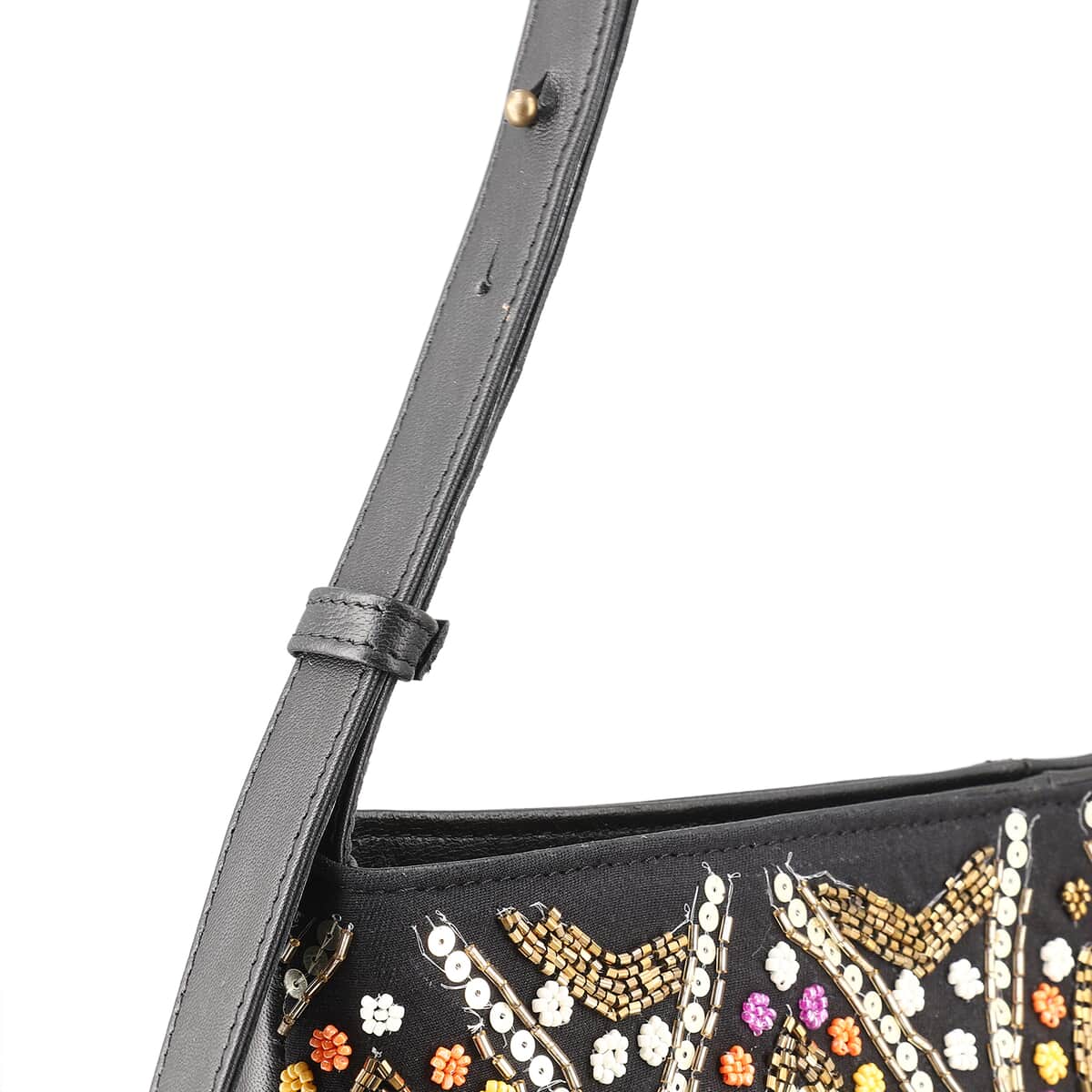 Black Genuine Leather Embellished Hobo Shoulder Bag image number 6