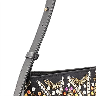 Black Genuine Leather Embellished Hobo Shoulder Bag