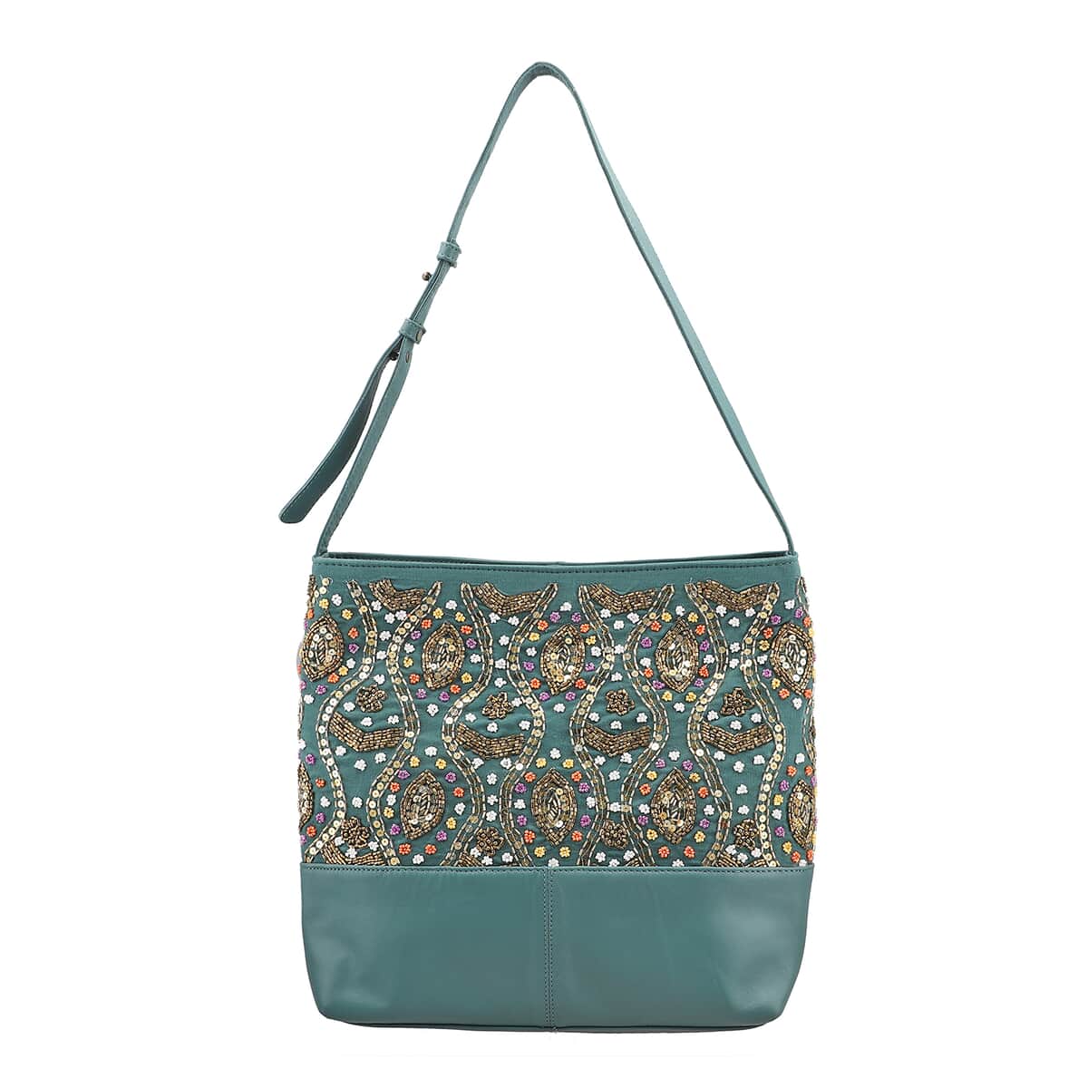 Turquoise Genuine Leather Embellished Hobo Shoulder Bag image number 0