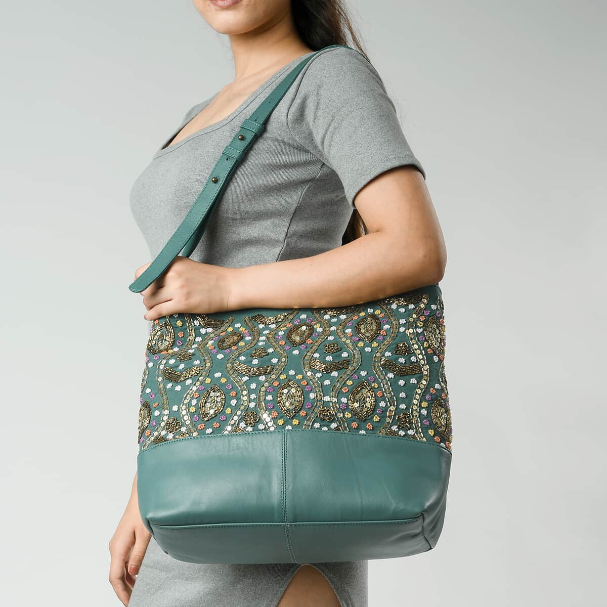 Turquoise Genuine Leather Embellished Hobo Shoulder Bag image number 1