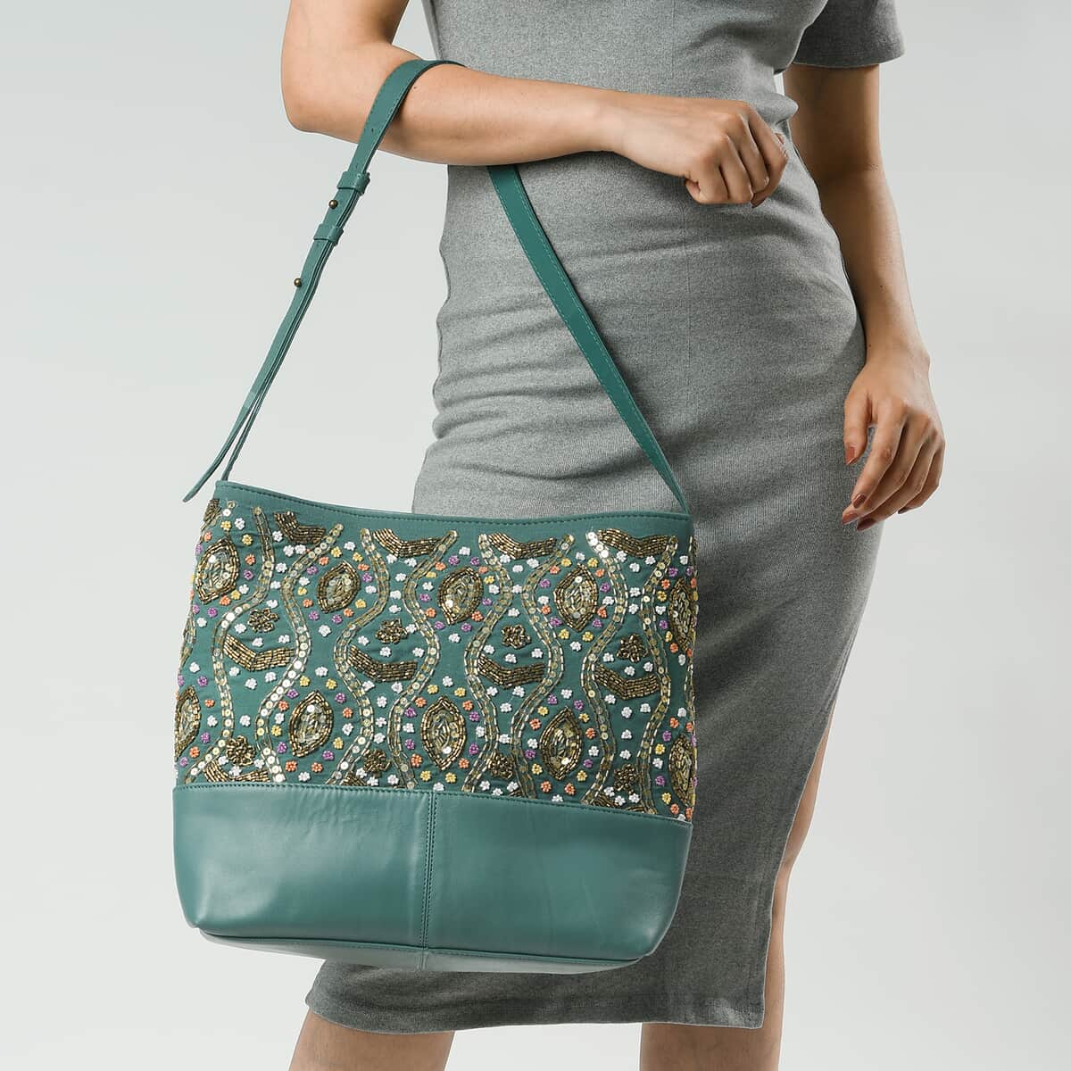 Turquoise Genuine Leather Embellished Hobo Shoulder Bag image number 2