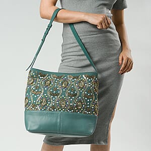Turquoise Genuine Leather Embellished Hobo Shoulder Bag