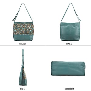 Turquoise Genuine Leather Embellished Hobo Shoulder Bag