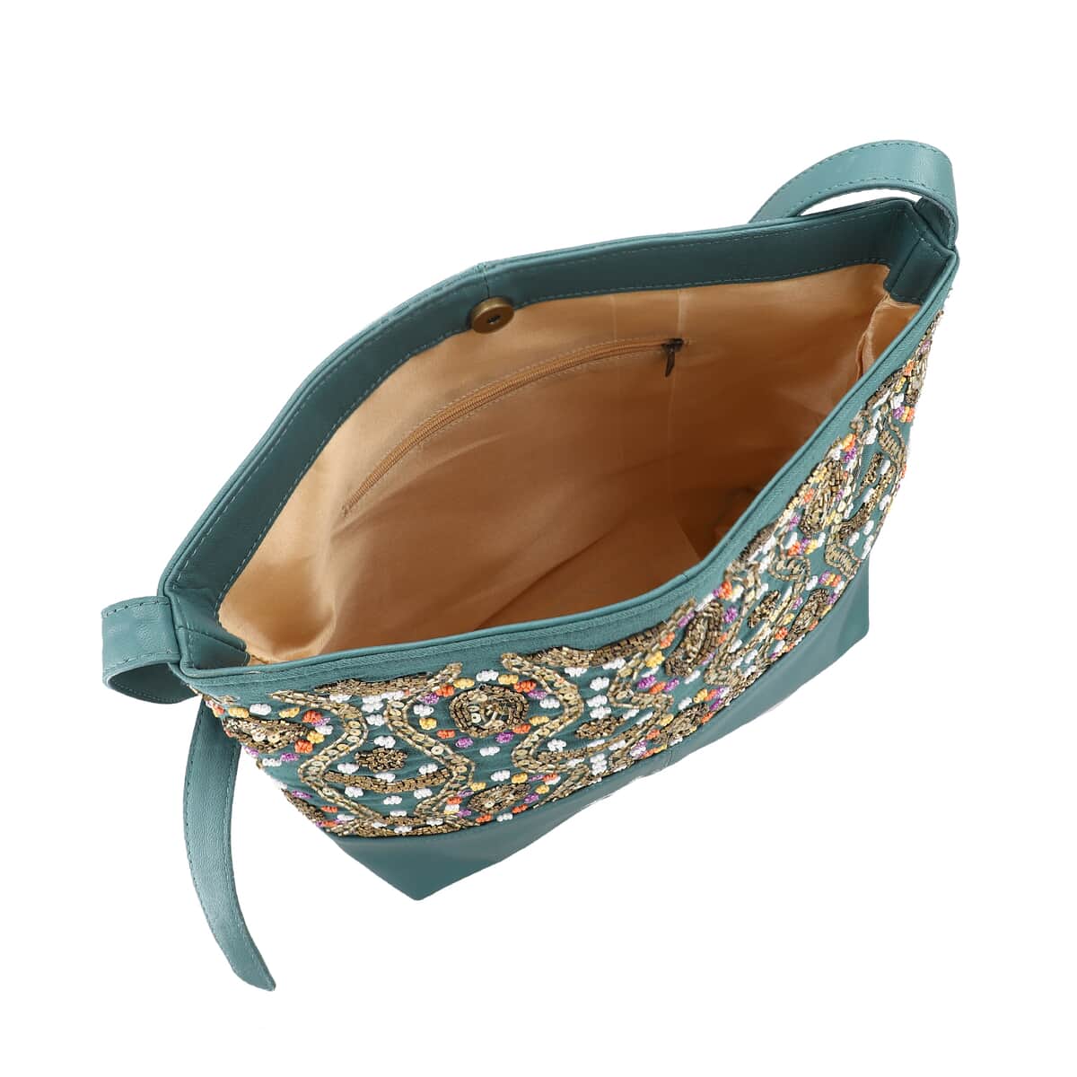 Turquoise Genuine Leather Embellished Hobo Shoulder Bag image number 4