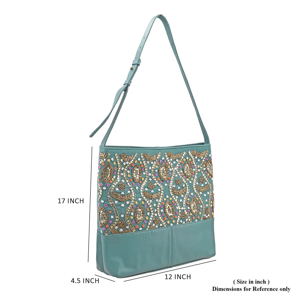 Turquoise Genuine Leather Embellished Hobo Shoulder Bag image number 5