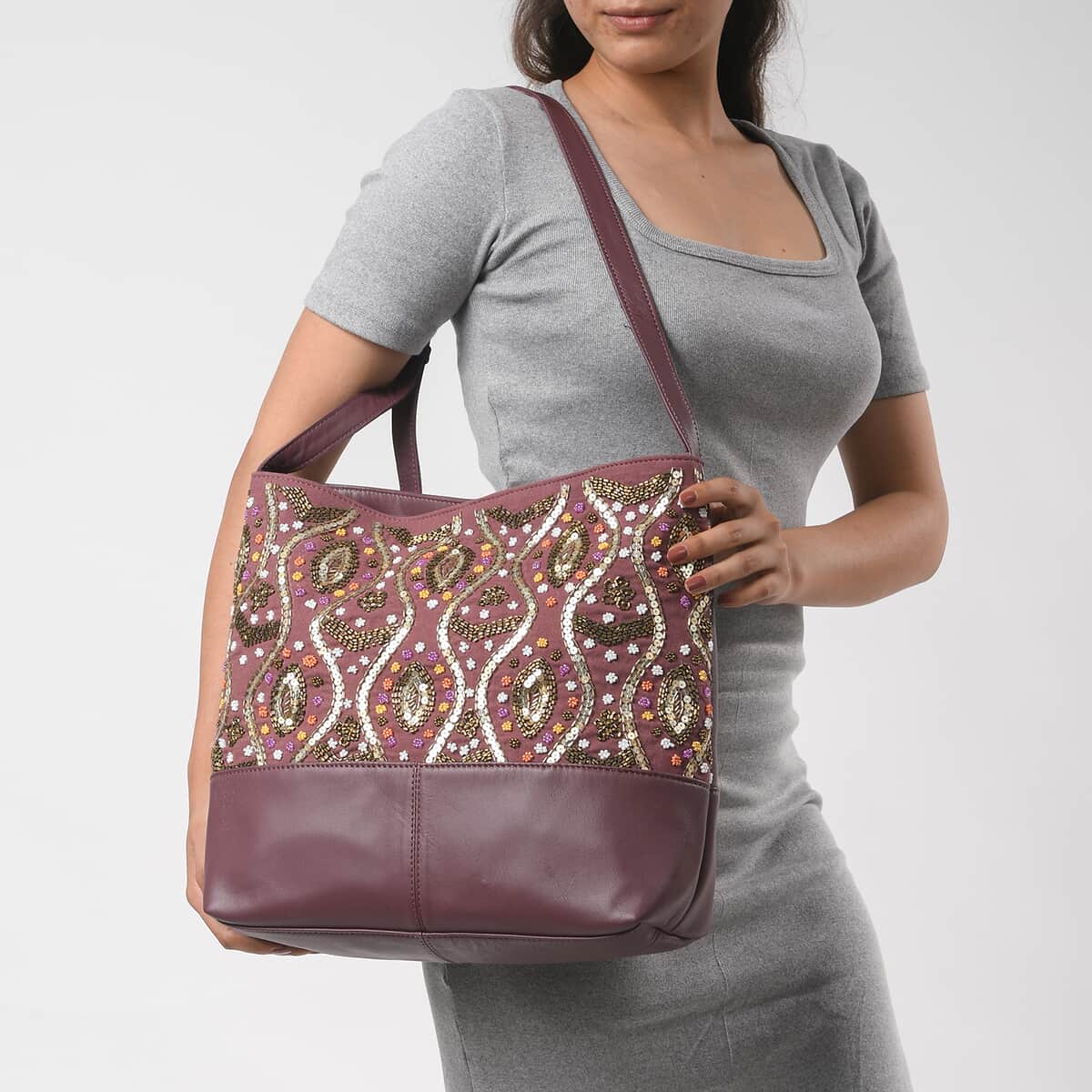 Purple Genuine Leather Embellished Hobo Shoulder Bag image number 2