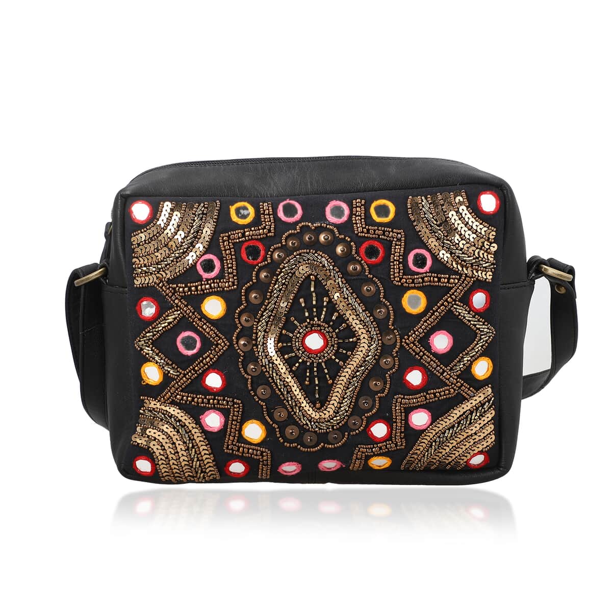 Black Genuine Leather Embellished Crossbody Sling Bag image number 0