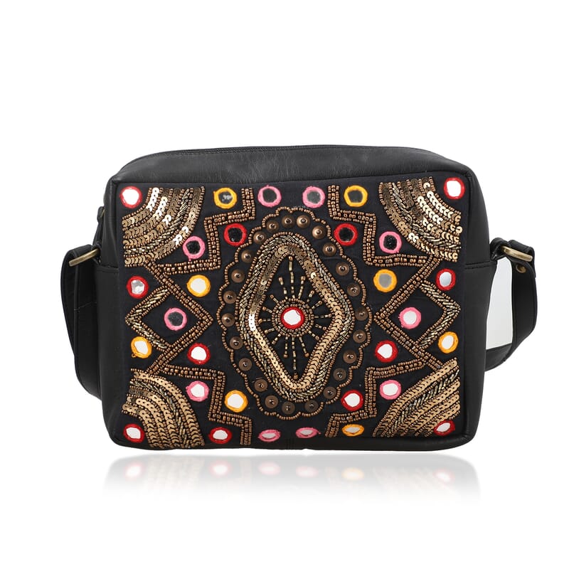 Black Genuine Leather Embellished Crossbody Sling Bag