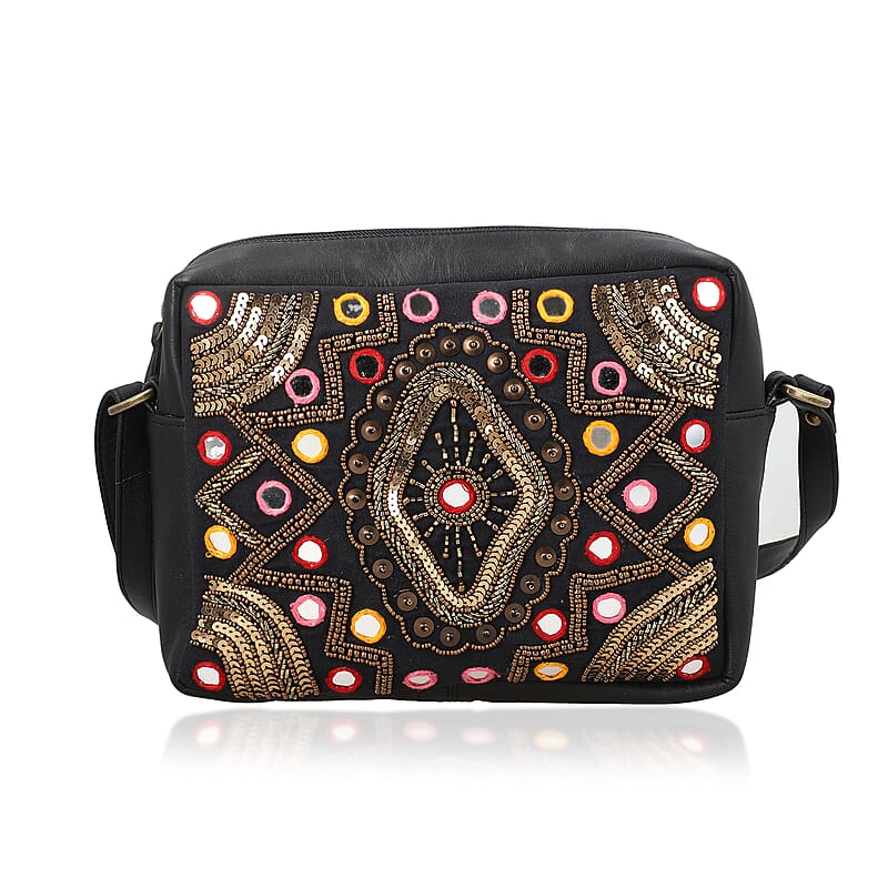 Black Genuine Leather Embellished Crossbody Sling Bag