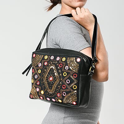 Black Genuine Leather Embellished Crossbody Sling Bag