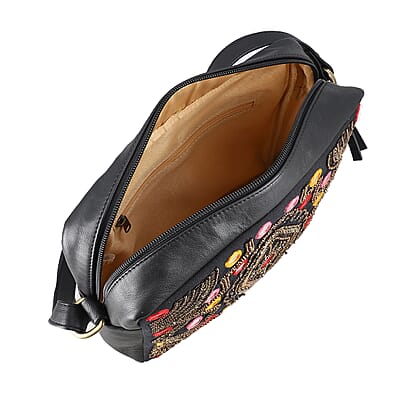 Black Genuine Leather Embellished Crossbody Sling Bag