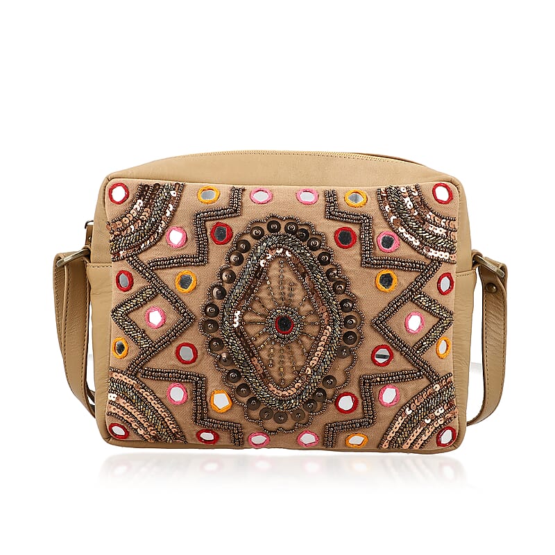 Tan Genuine Leather Embellished Crossbody Sling Bag
