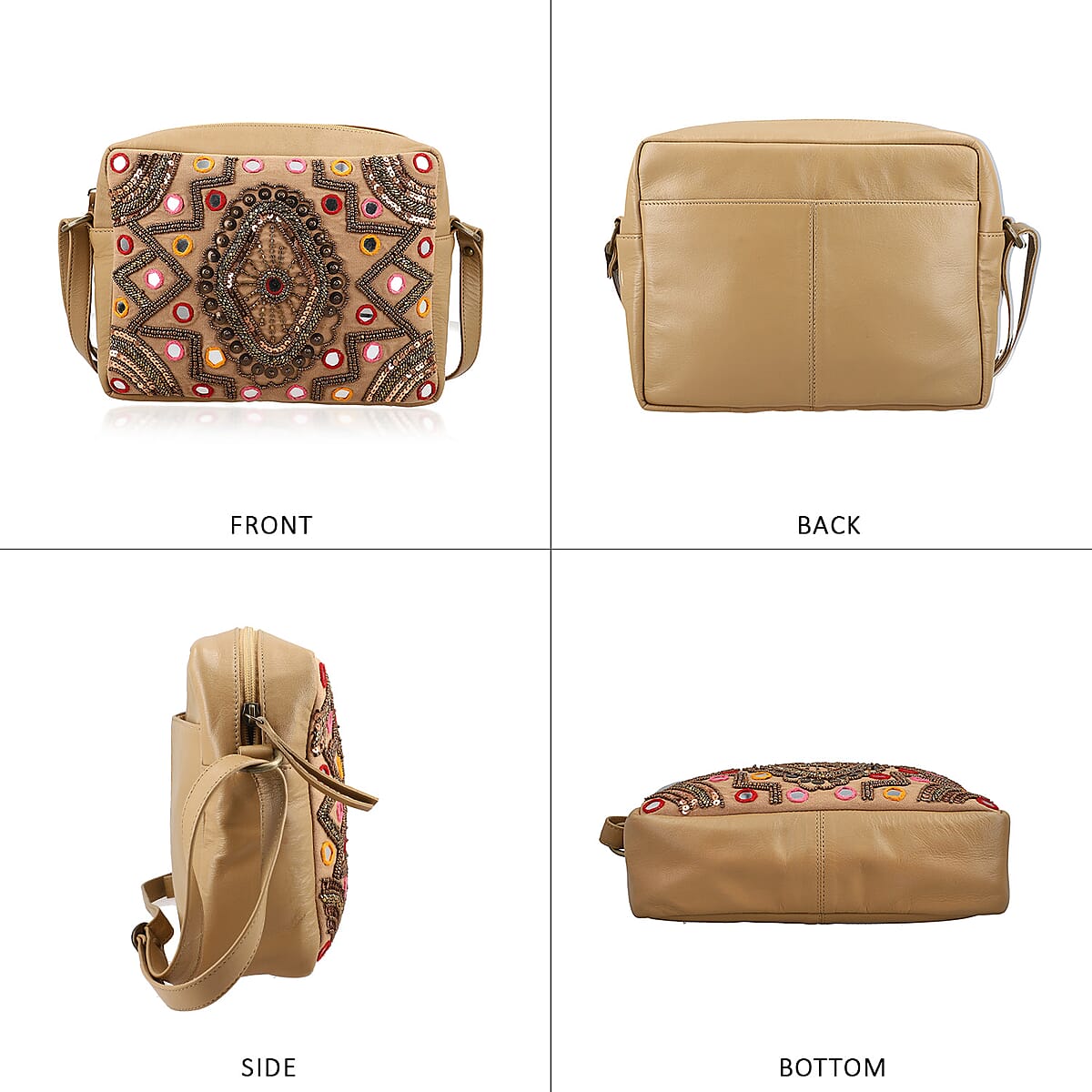 Tan Genuine Leather Embellished Crossbody Sling Bag image number 3