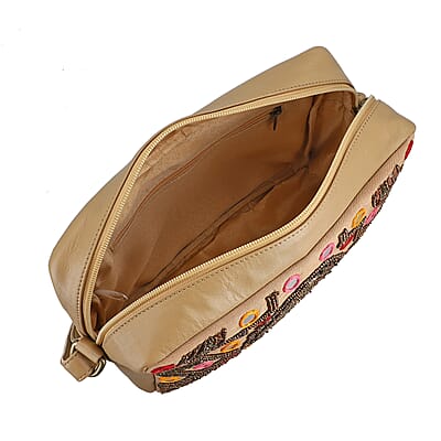 Tan Genuine Leather Embellished Crossbody Sling Bag