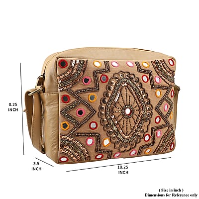 Tan Genuine Leather Embellished Crossbody Sling Bag