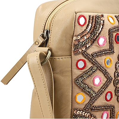 Tan Genuine Leather Embellished Crossbody Sling Bag