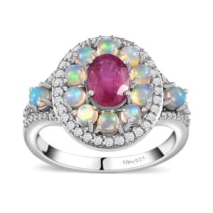 Montepuez Ruby and Multi Gemstone Double Halo Ring in Platinum Over Sterling Silver (Size 6.0) 2.10 ctw