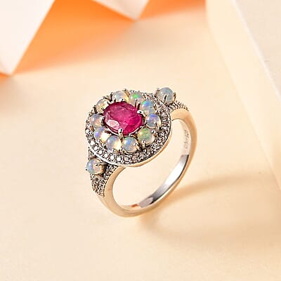 Montepuez Ruby and Multi Gemstone Double Halo Ring in Platinum Over Sterling Silver (Size 6.0) 2.10 ctw