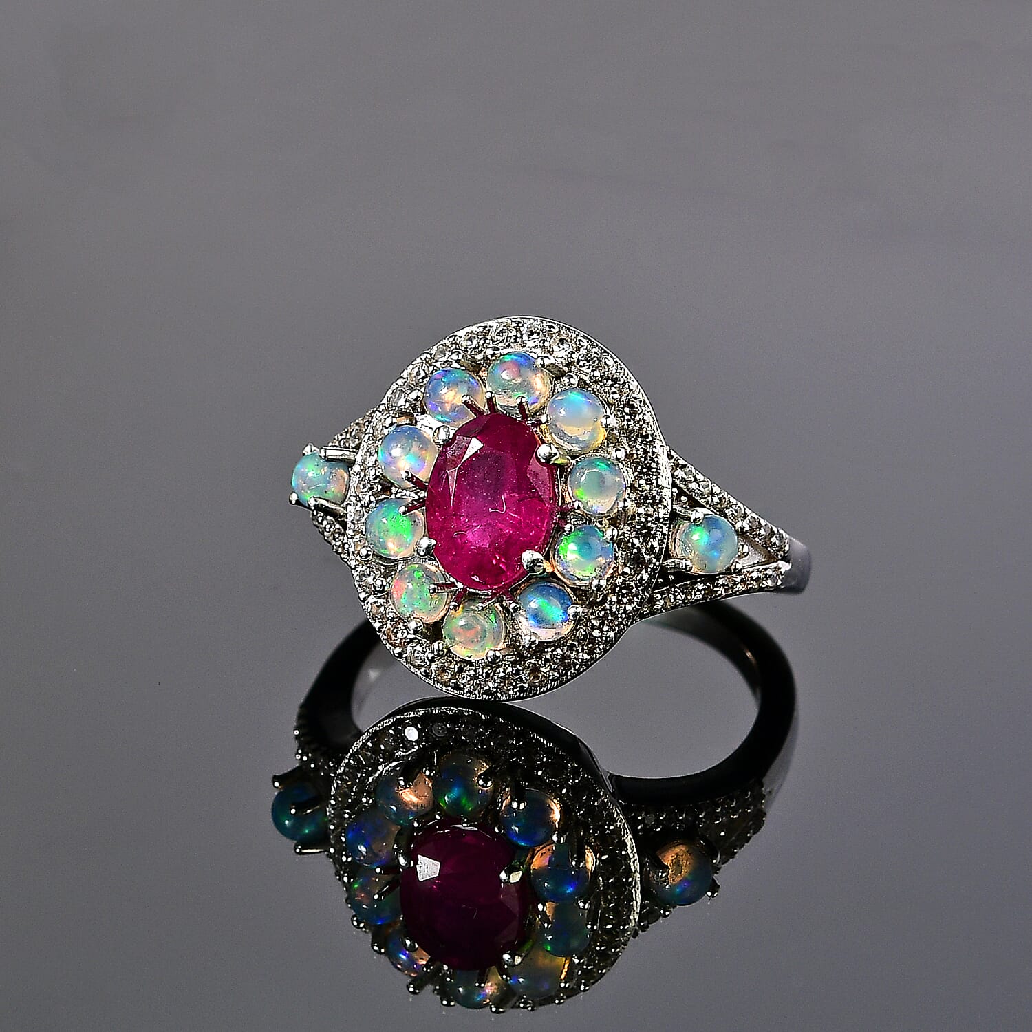 Montepuez Ruby and Multi Gemstone Double Halo Ring in Platinum Over Sterling Silver (Size 6.0) 2.10 ctw