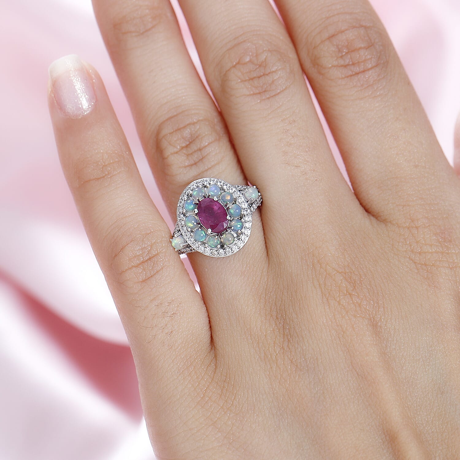 Montepuez Ruby and Multi Gemstone Double Halo Ring in Platinum Over Sterling Silver (Size 6.0) 2.10 ctw