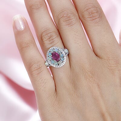 Montepuez Ruby and Multi Gemstone Double Halo Ring in Platinum Over Sterling Silver (Size 6.0) 2.10 ctw
