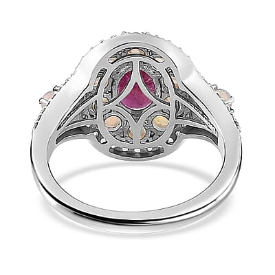 Montepuez Ruby and Multi Gemstone Double Halo Ring in Platinum Over Sterling Silver (Size 6.0) 2.10 ctw